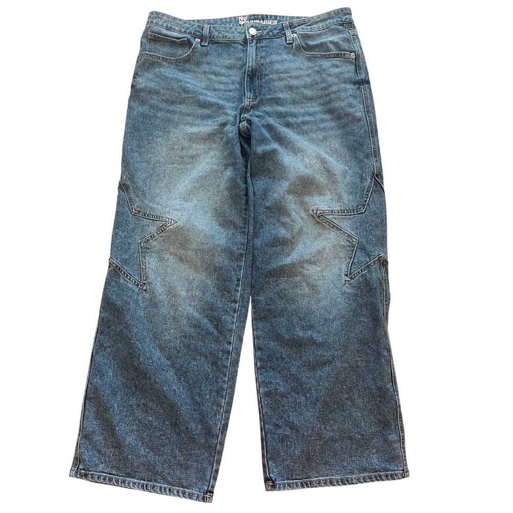 No Boundaries Star Knee Wide Leg‎ Jeans Medium Wash Baggy Y2K Denim Size 16